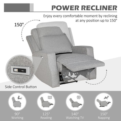 Grey Electric Recliner Armchair with USB Port, Comfortable Fabric Seating for Modern Living