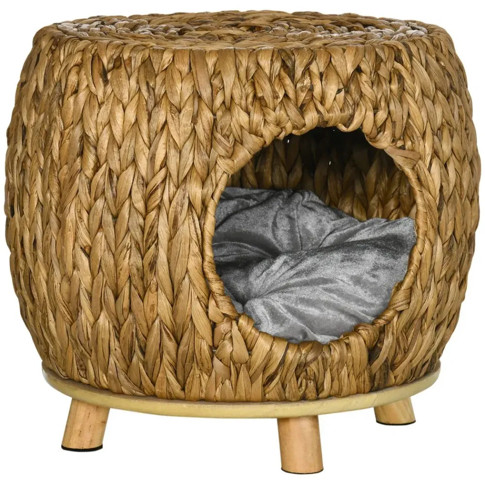 Wicker Rattan Cat House Stool, Indoor and Outdoor Kitten Bed with Soft Cushion