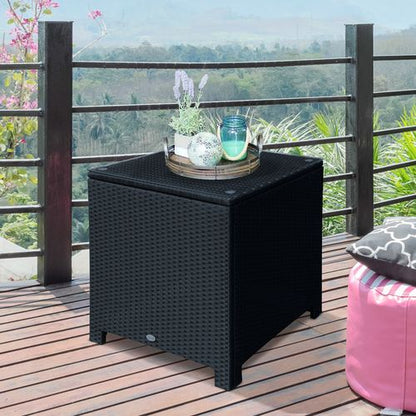 Rattan Side Table Patio Frame Tempered Glass Outdoor Wicker-Black