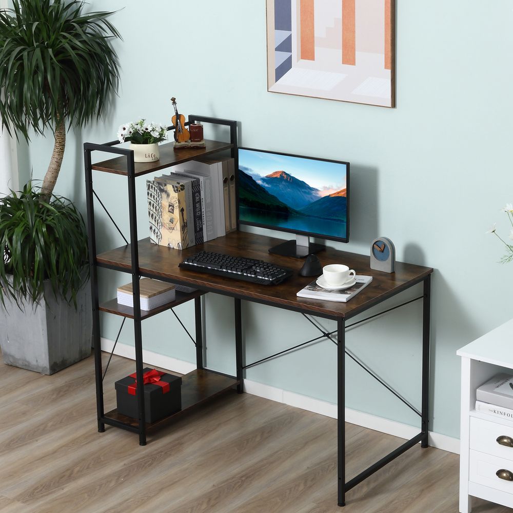 PC Table and Study Workstation with 4-Tier Bookshelf Storage for Home Office