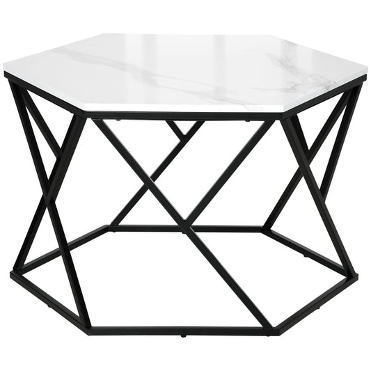 High Gloss Coffee Table with Marble Top and Steel Frame, White