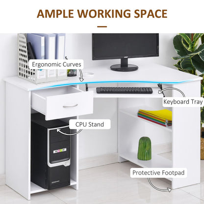 White L-Shaped Corner Computer Desk with 2 Shelves and Keyboard Tray for Storage