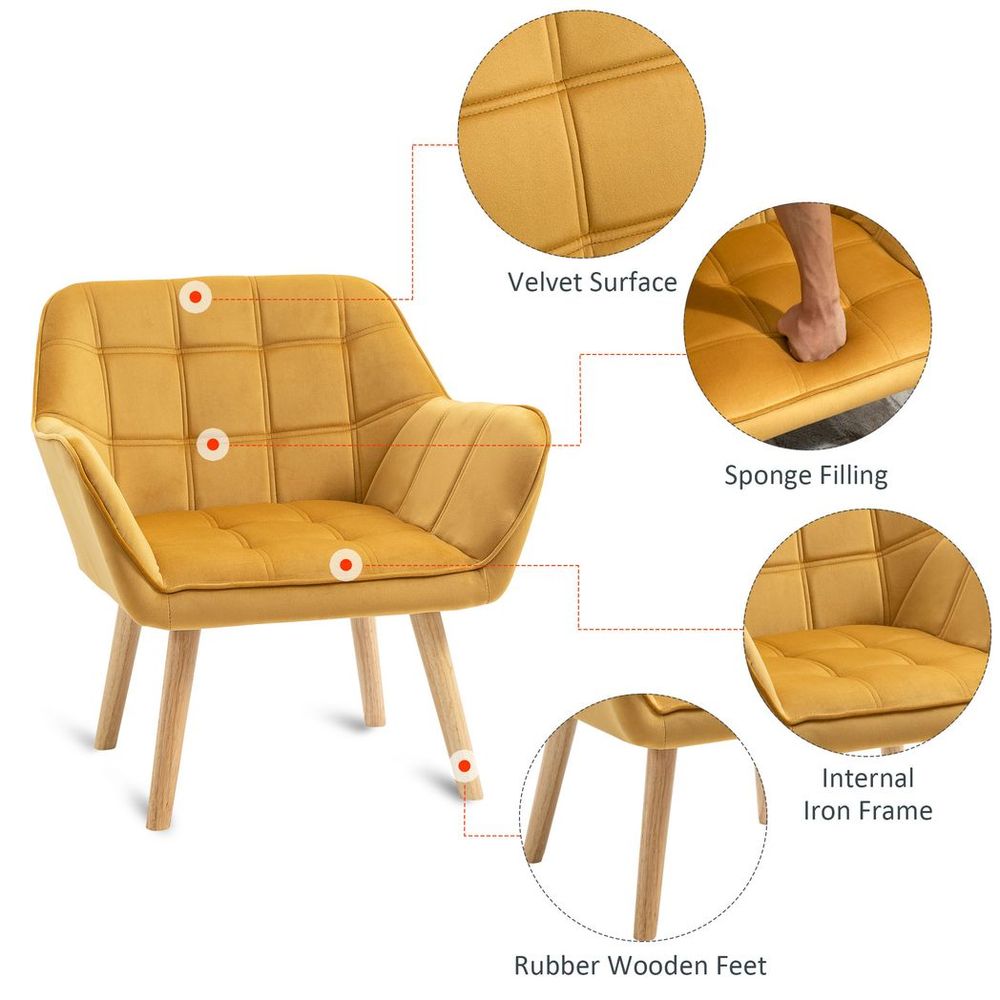 Luxe Velvet-Feel Accent Chair - Wide Arms, Slanted Back Padding, Wood Legs, Yellow