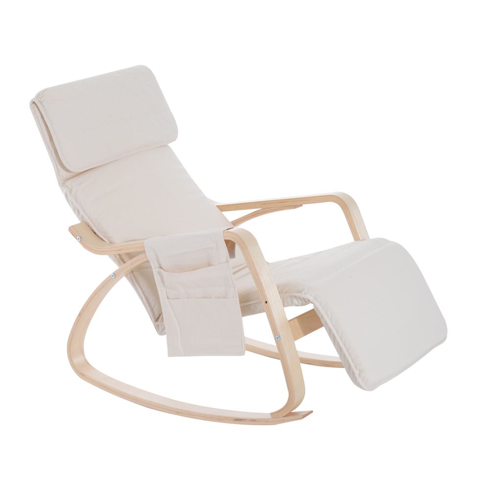 Rocking Recliner Chair with Adjustable Footrest, Cream White Armchair