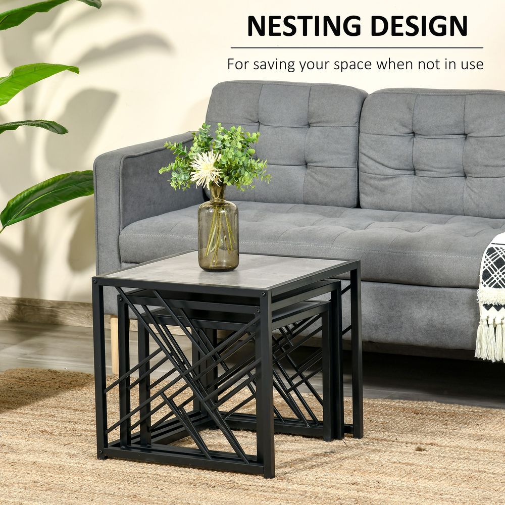 Set of 3 Nesting Coffee Tables with Square Design and Metal Frame, Grey