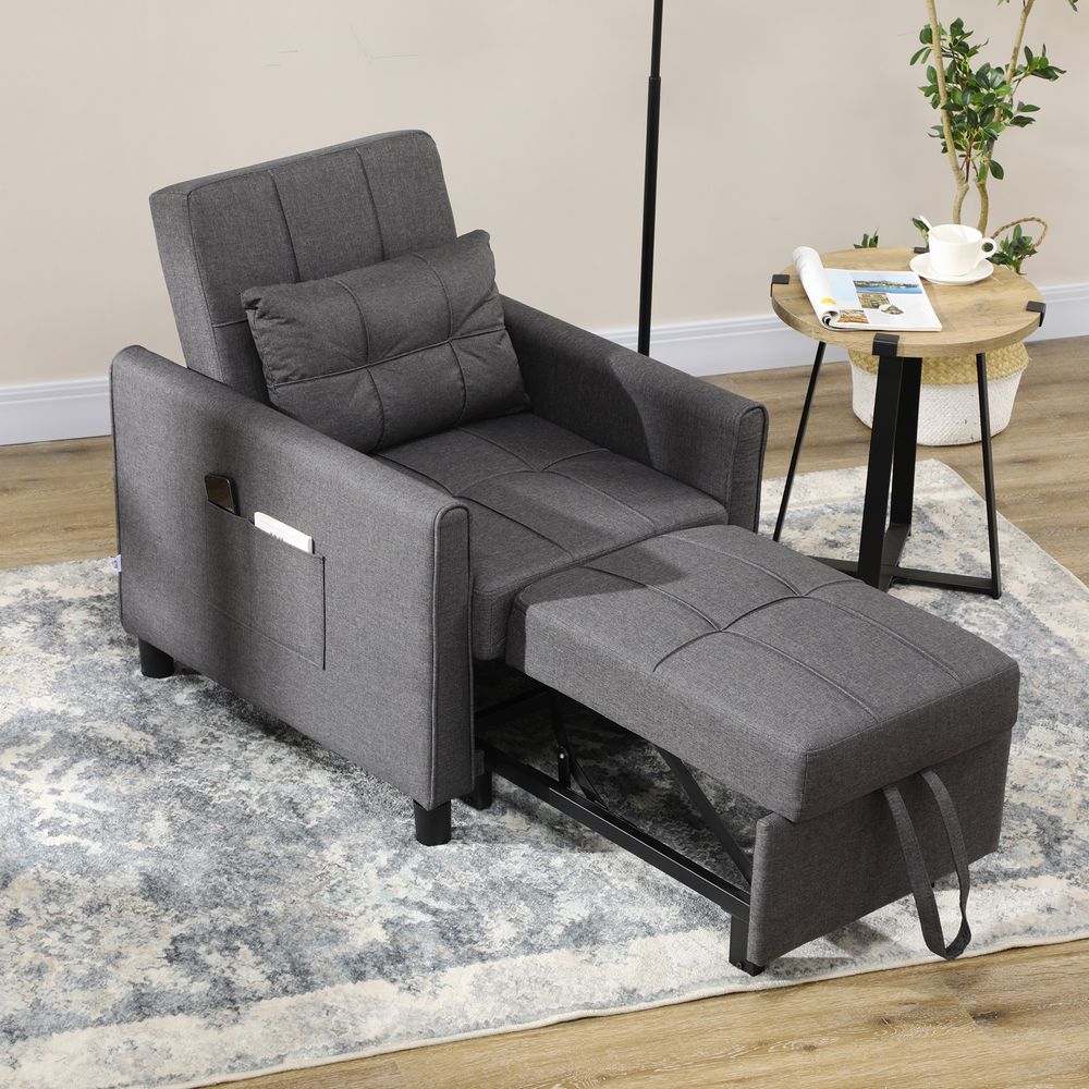 Grey Pull-Out Sleeper Chair Bed with Pillow and Handy Side Storage Pockets