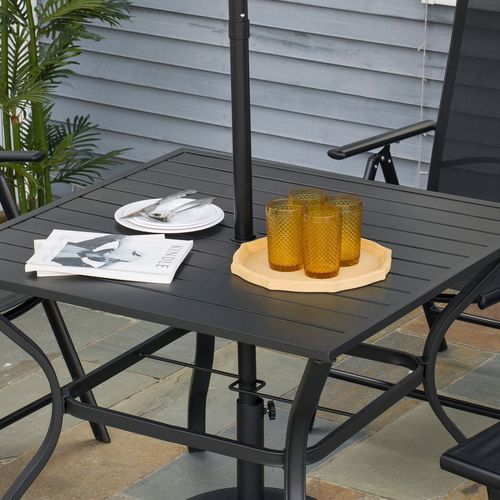 Garden Table with Parasol Hole for Four, Slatted Metal Plate Top