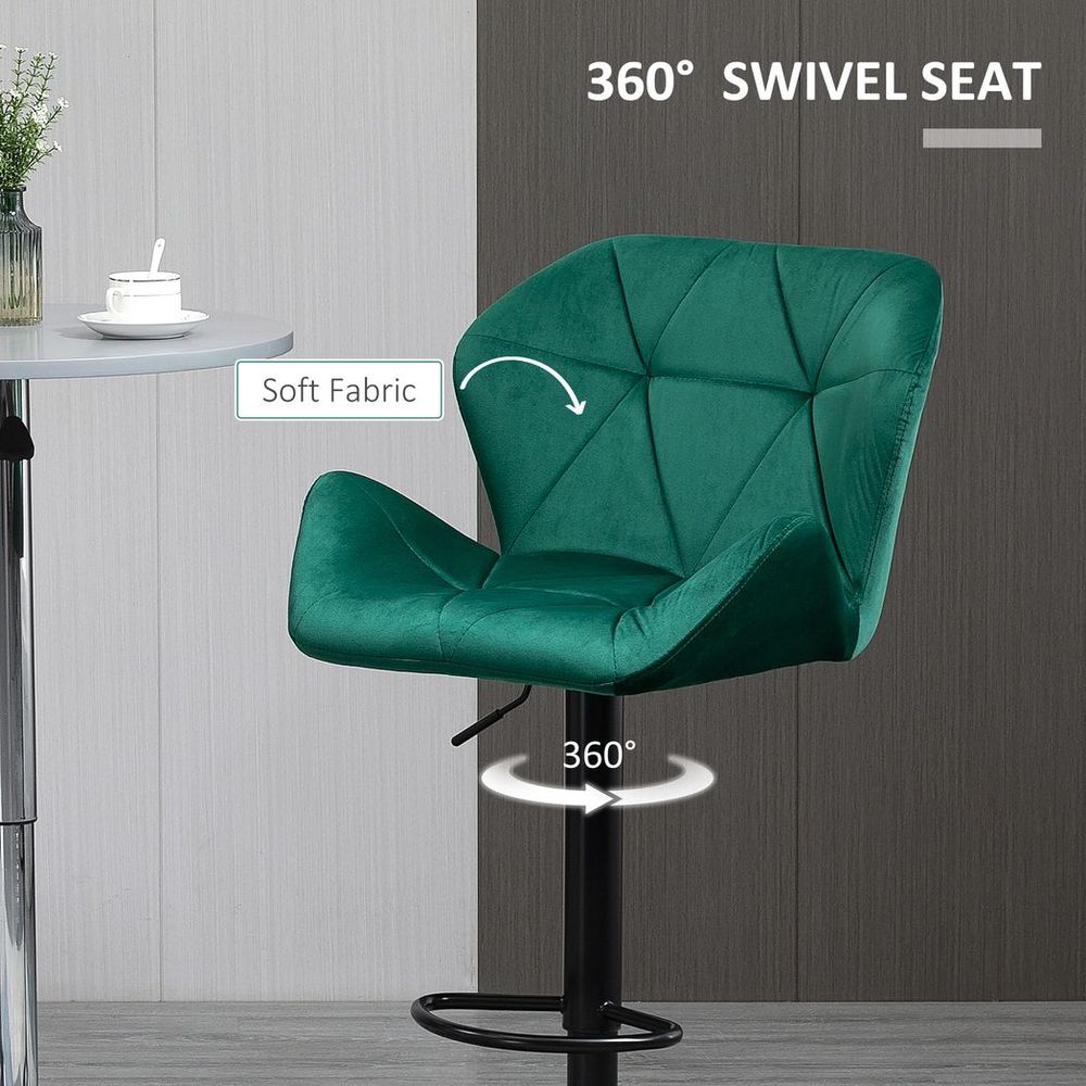 Set of 2 Luxurious Velvet-Touch Bar Stools - Metal Frame, Footrest Base, Green
