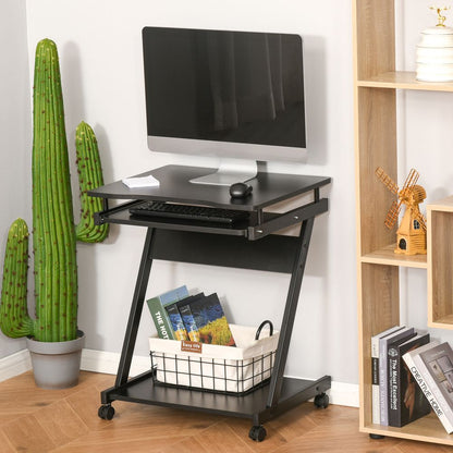 Movable Black Computer Desk with 4 Wheels and Sliding Keyboard Tray for Flexibility