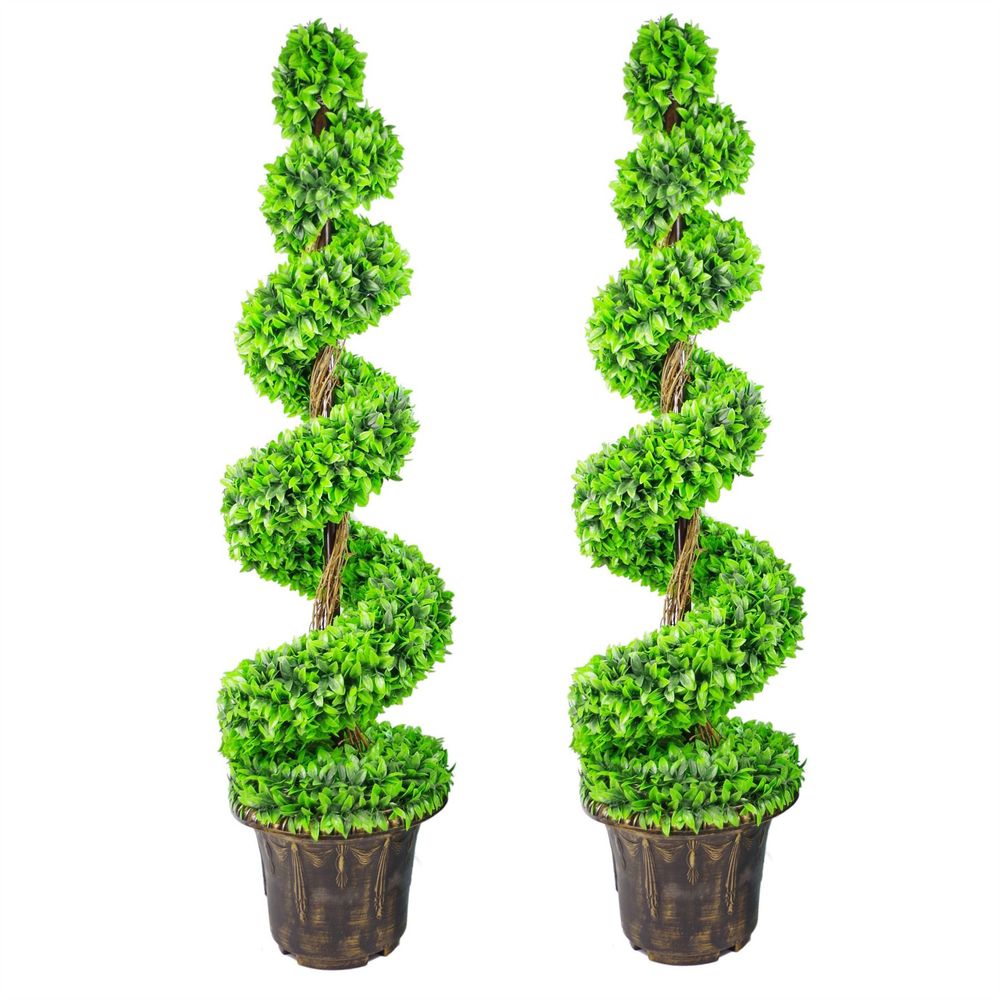 120cm Pair of Green Large Leaf Spiral Topiary Trees with Decorative Planters for Outdoor Charm