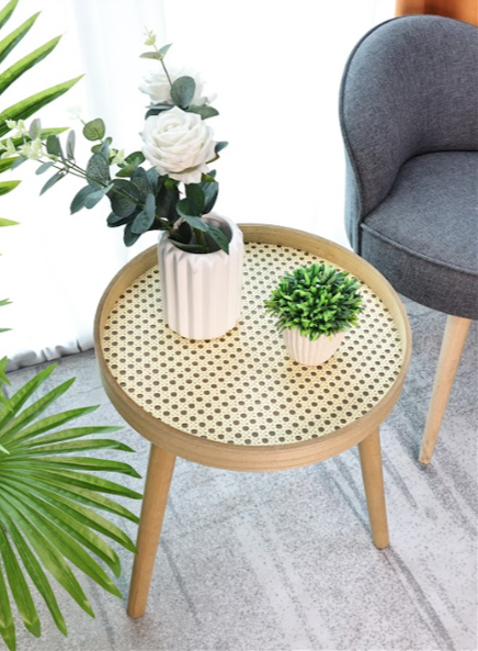 Cane Oak Round Side Table, Classic and Elegant