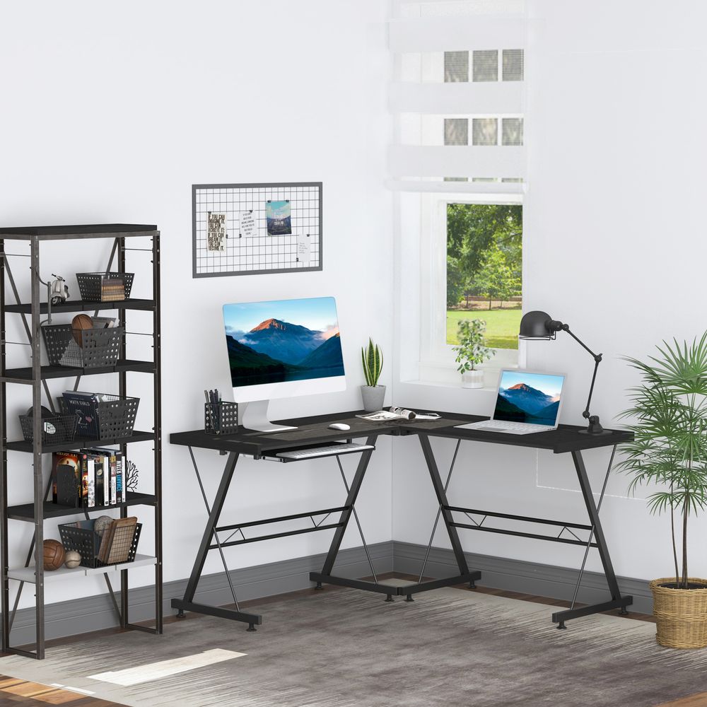 Black L-Shaped Computer Desk with Keyboard Tray for Efficient Workspace