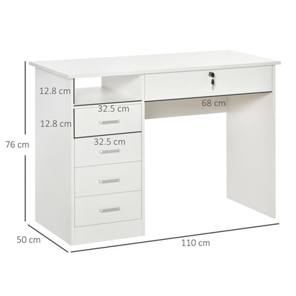 White Writing Desk with Five Drawers, Perfect for Organising Home Office Supplies