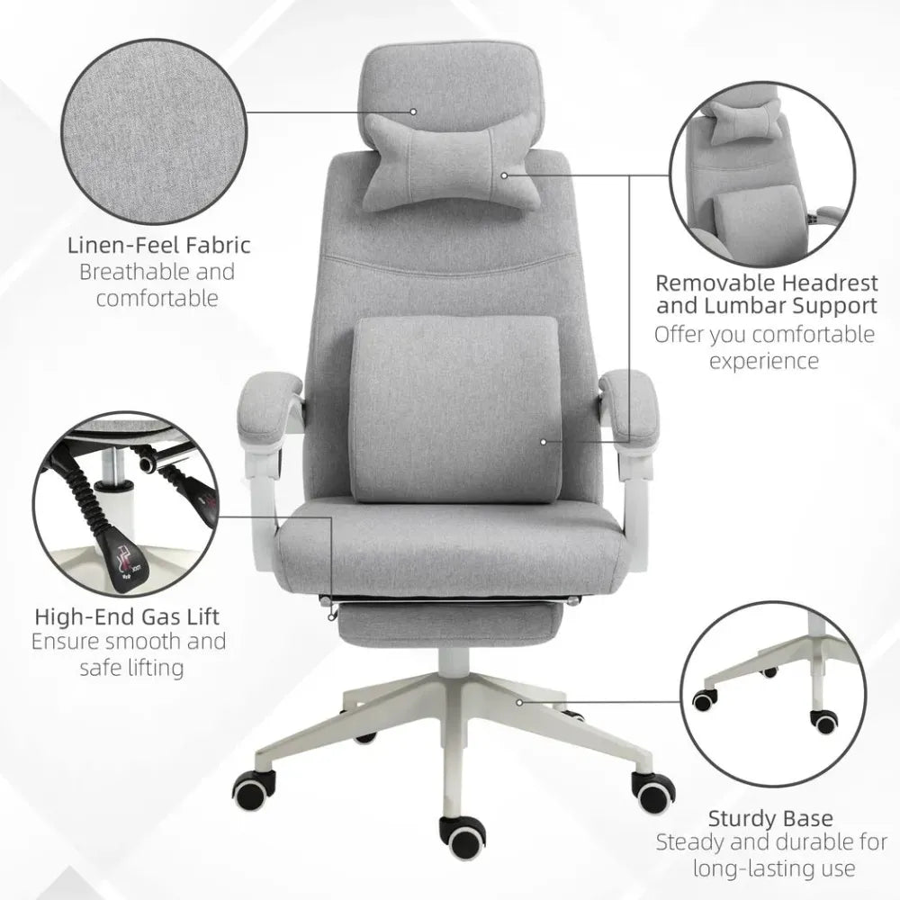 Grey Ergonomic Home Office Chair with 360-Degree Swivel and Adjustable Footrest for Comfort