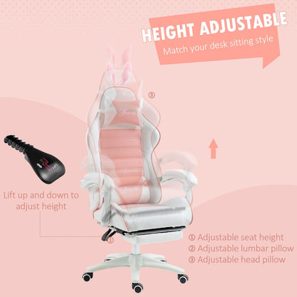 Pink Racing Style Gaming Chair with Footrest and Removable Rabbit Ears for Fun