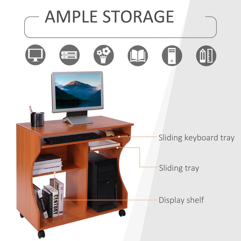 Cherry Wood Computer Desk with Storage Shelf and Wheels for a Stylish Workstation