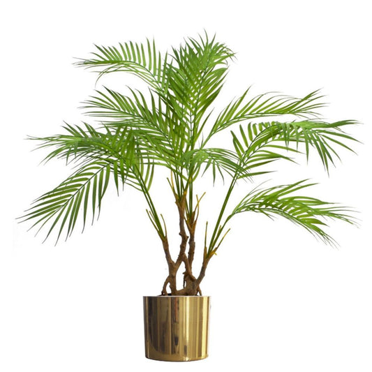 90cm Artificial Areca Palm with Twisted Trunk in Gold Metal Planter - Tropical Look