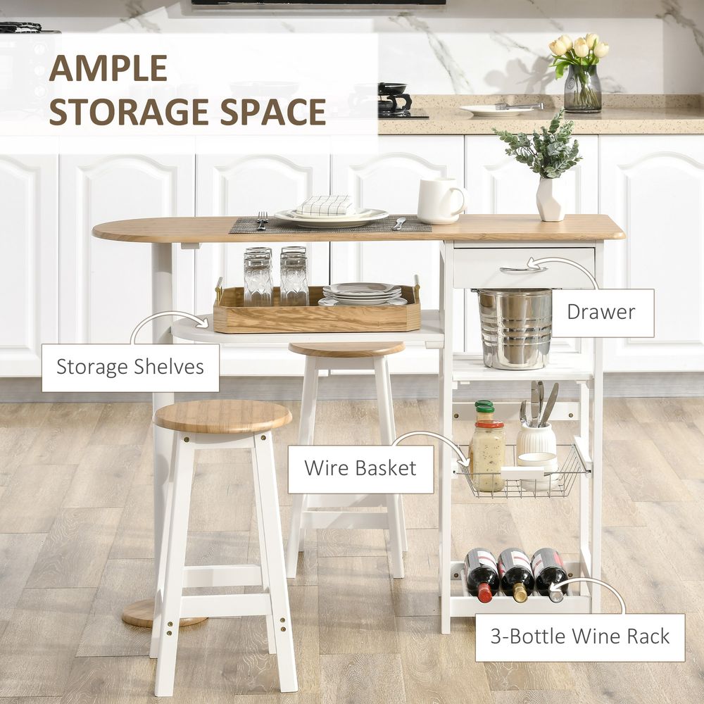 3-Piece Bar Table Set: Breakfast Table, Stools & Wine Rack, Natural White