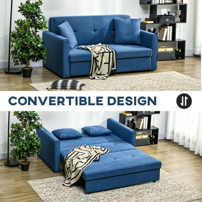 Blue 2-Seater Sofa Bed with Storage and 2 Cushions for Versatile Living Room Use