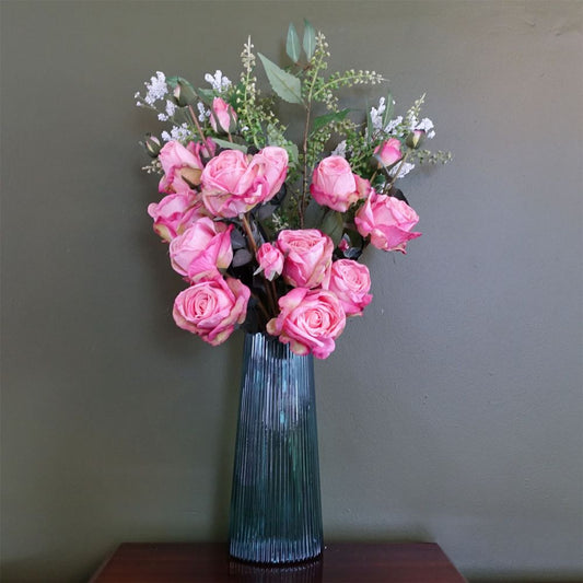 60cm Pink Rose Artificial Flower Display Glass Vase