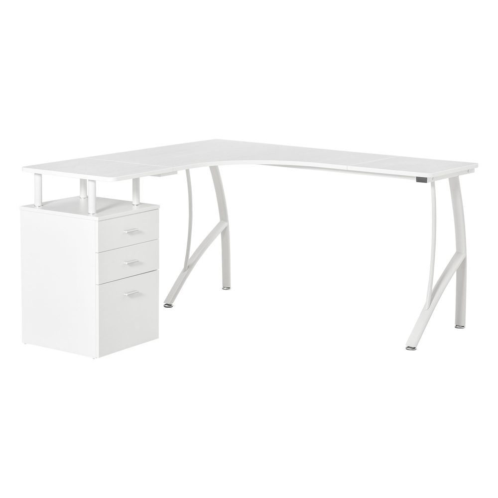 White L-Shaped Corner PC Desk with Drawer for Home Office Workstation Efficiency