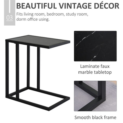 C-Shape Side Table – Marble-Effect Top with Metal Frame – Space-Saving Design