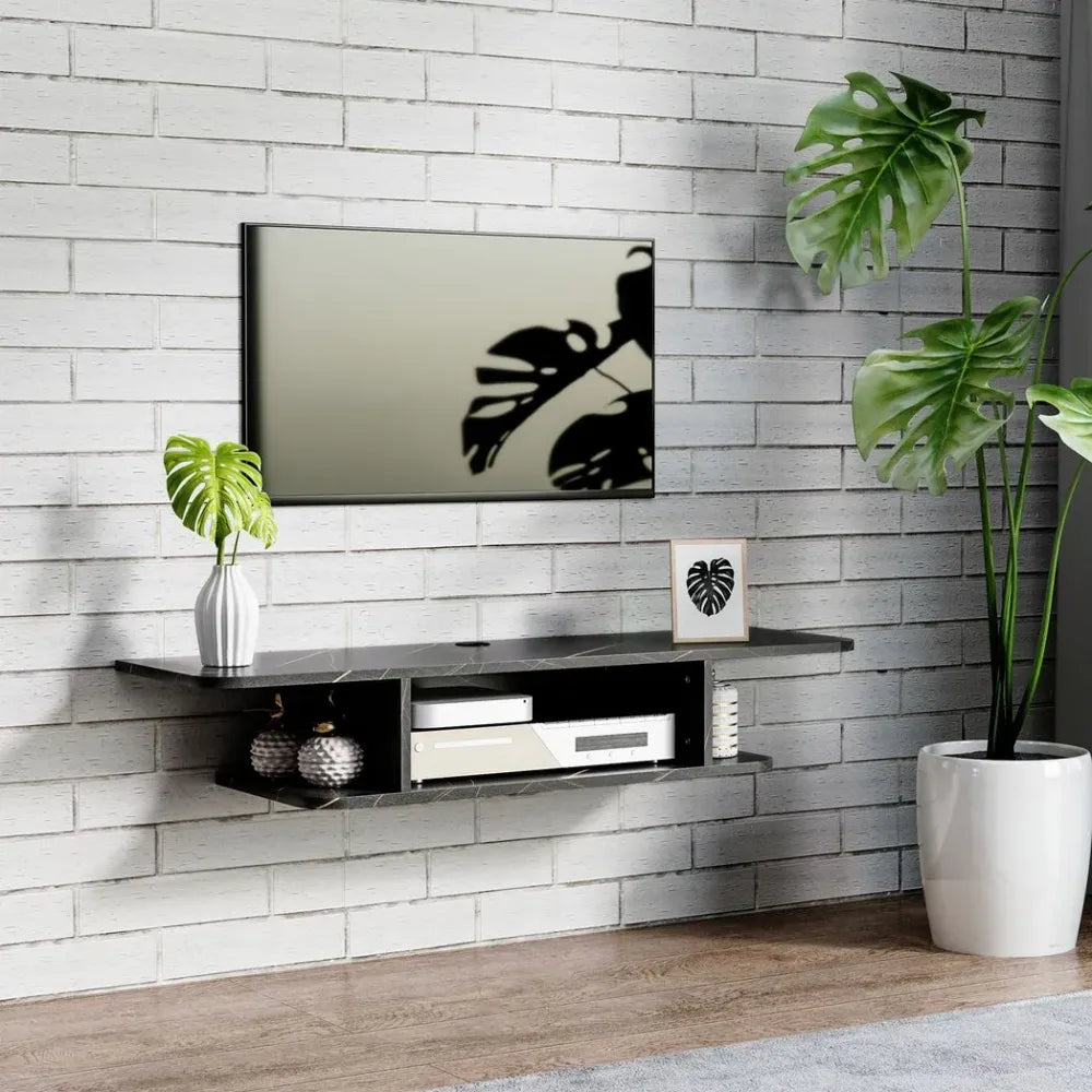 Floating TV Unit Stand – Wall-Mounted Media Console with Storage Shelf – Black