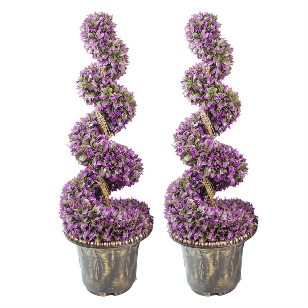 90cm Pair of Purple Large Leaf Spiral Topiary Trees with Decorative Planters for Stunning Decor