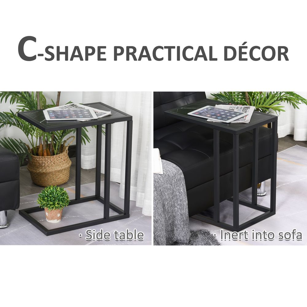 C-Shape Side Table – Marble-Effect Top with Metal Frame – Space-Saving Design