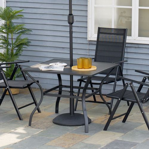 Garden Table with Parasol Hole for Four, Slatted Metal Plate Top