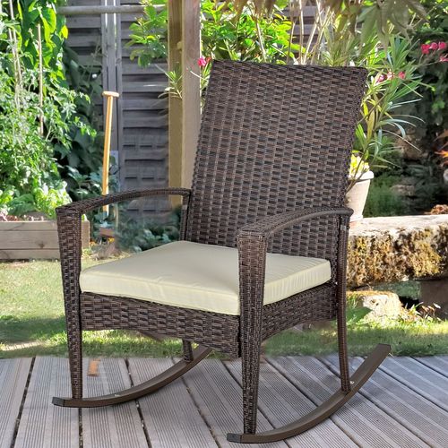 Comfort Breeze Rattan Rocking Chair with Plush Cushion - Brown & Beige