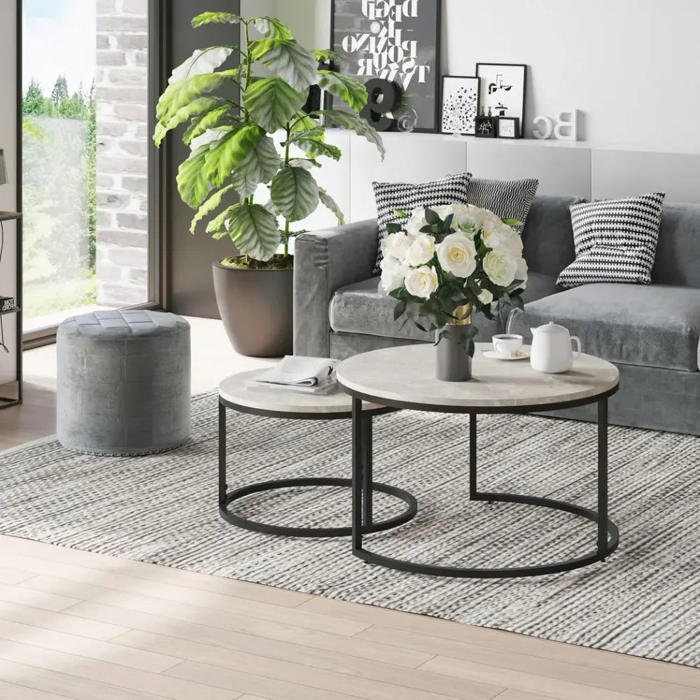 Set of 2 Stacking Coffee Tables with Steel Frame and Marble-Effect Top for Home Aesthetics