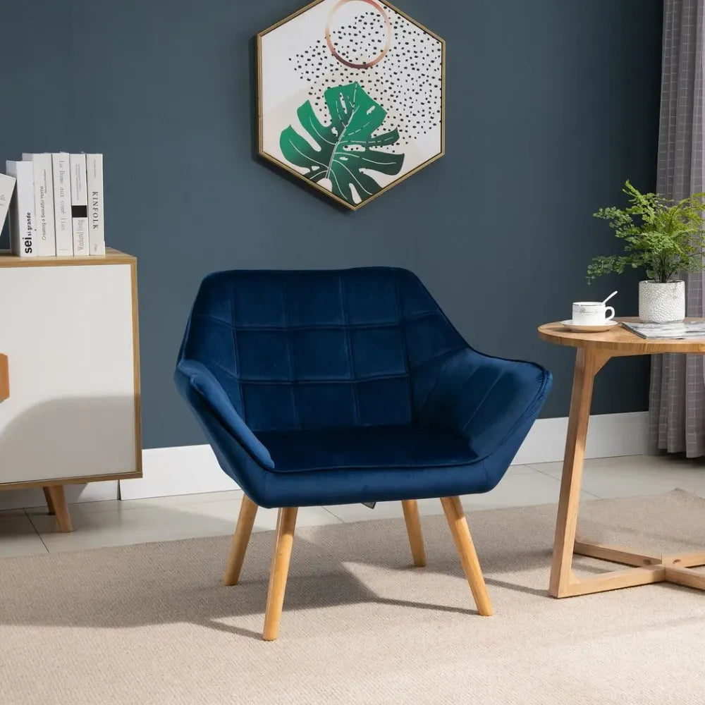 Luxe Velvet-Feel Accent Chair - Wide Arms, Slanted Back Padding, Wood Legs, Blue