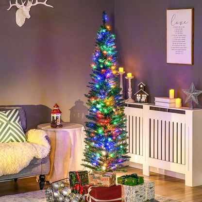 6FT Artificial Pencil Christmas Tree with Colourful Lights and Sturdy Steel Base