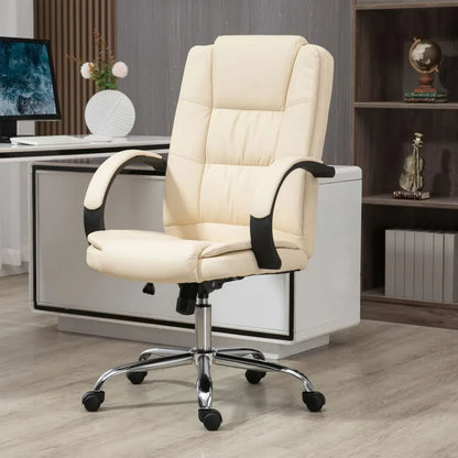 Beige PU Leather Executive Office Chair with High Back and Height Adjustable Feature