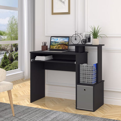 Black Computer Desk with Sliding Keyboard Tray and Storage Drawer Shelf for Functional Use