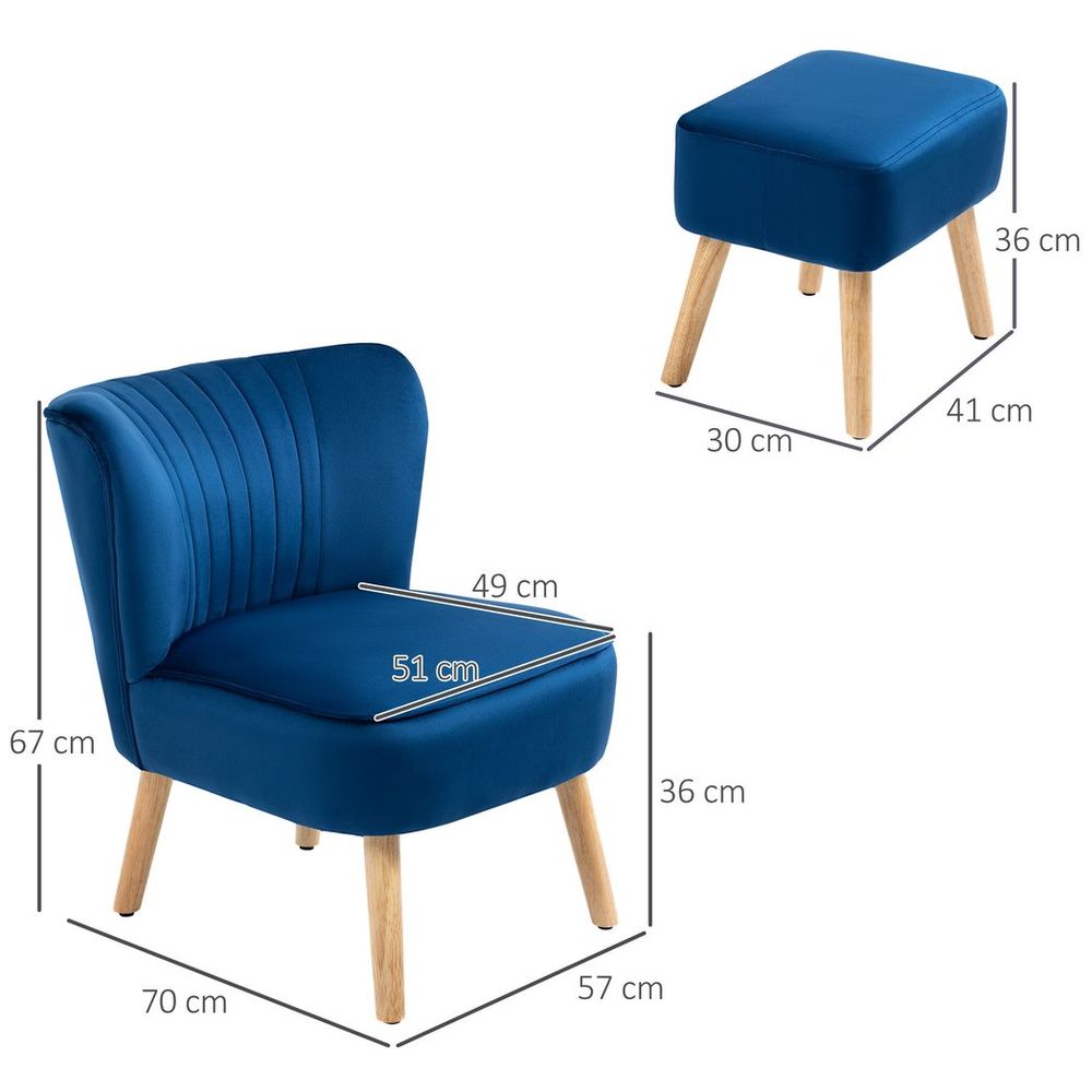 Velvet-Feel Accent Chair with Ottoman – Tub Seat Padding & Wood Legs – Dark Blue