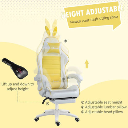 Yellow Racing Style Gaming Chair with Footrest and Removable Rabbit Ears Design