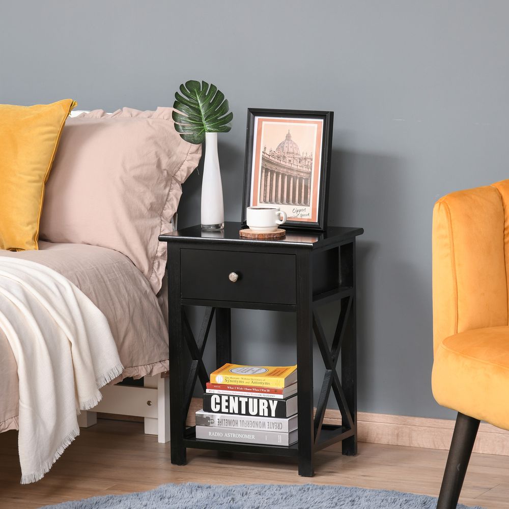 Black MDF 2-Tier Side Table with Drawer - Stylish Storage Solution for Homes