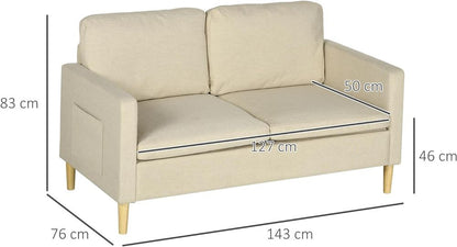 Beige Modern 2-Seater Sofa with Wood Legs and 2 Pockets - Stylish Couch for Elegant Home Interiors