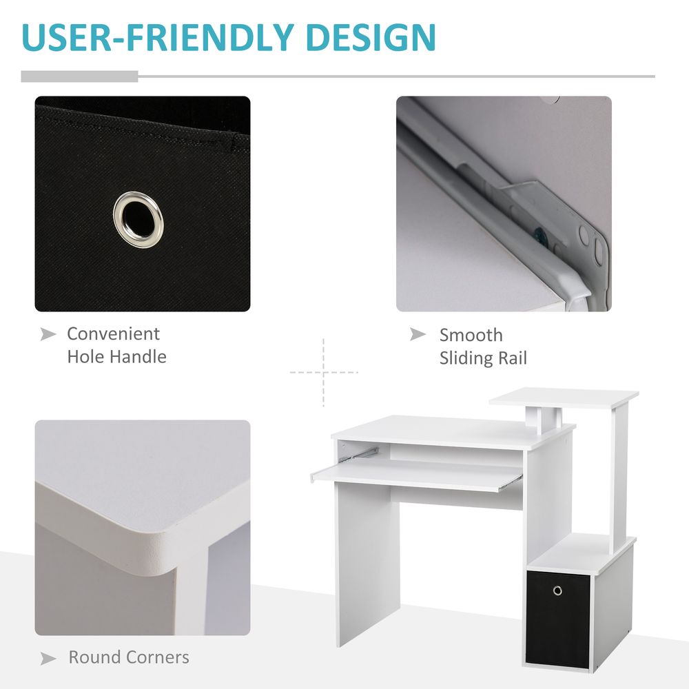 White Computer Desk with Sliding Keyboard Tray and Storage Drawer Shelf for Organised Workspaces