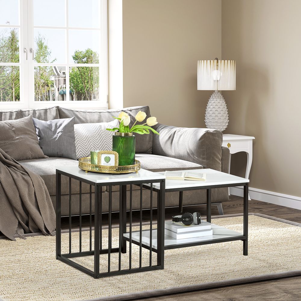 Modern Coffee Table Set of Two with Steel Frame and Marble-Effect, White & Black