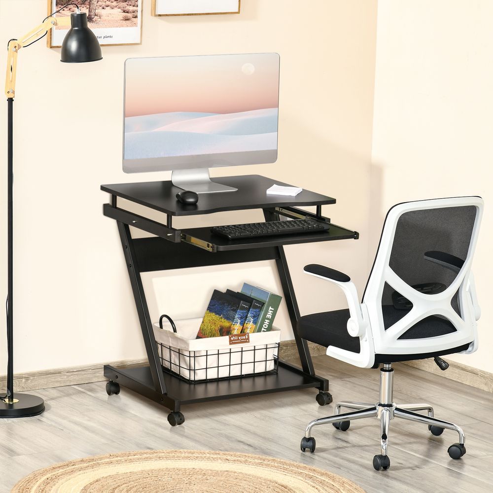 Movable Black Computer Desk with 4 Wheels and Sliding Keyboard Tray for Flexibility