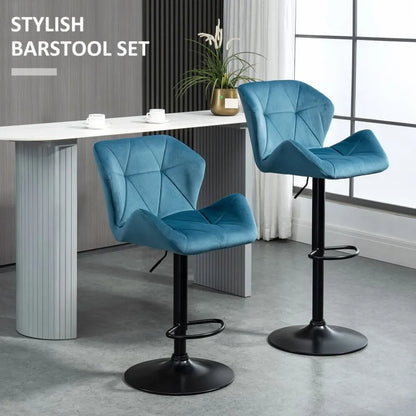 Set of 2 Luxurious Velvet-Touch Bar Stools - Metal Frame, Footrest Base, Blue