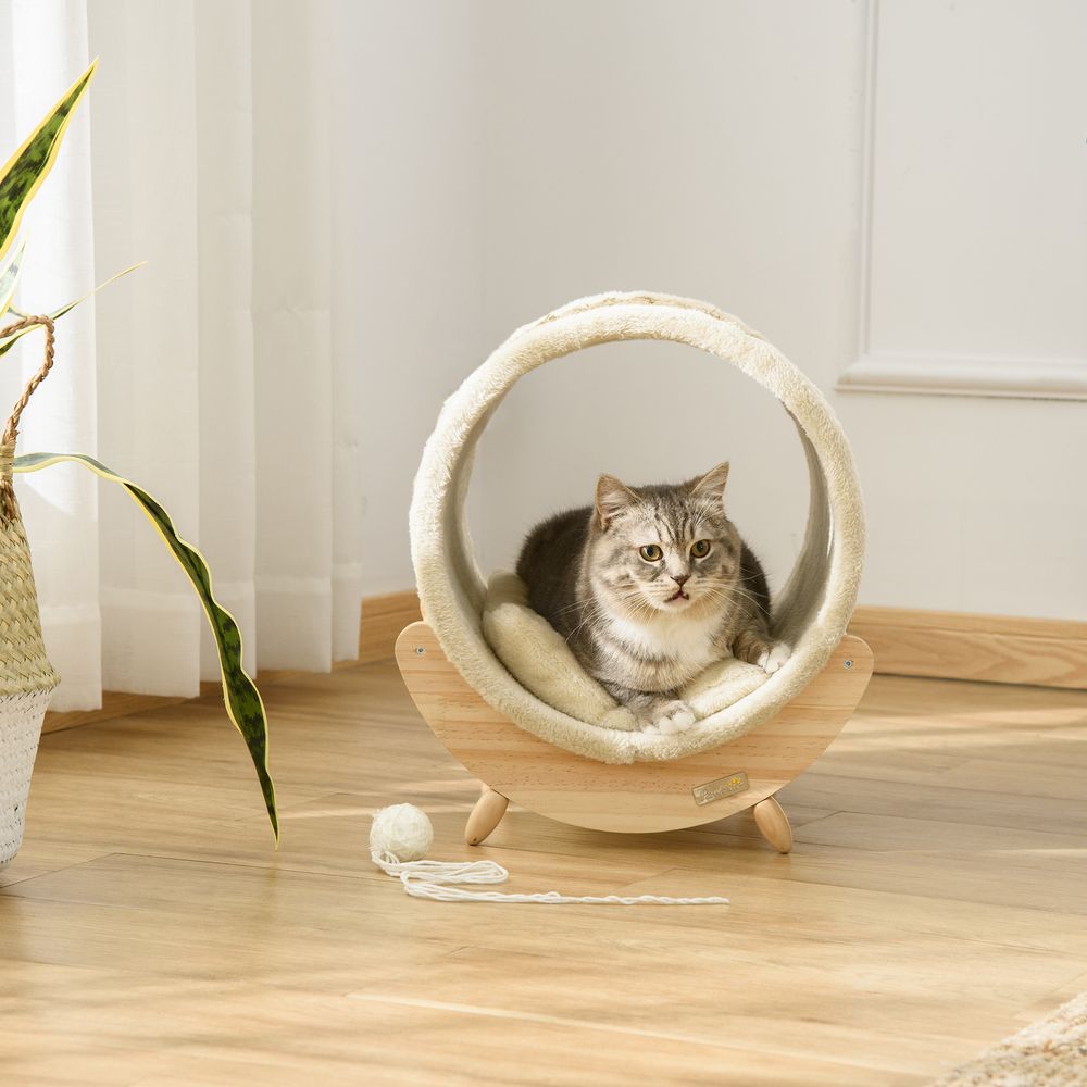 Beige Elevated Cat House Bed with Scratching Cushion, Ideal for Kittens and Cats