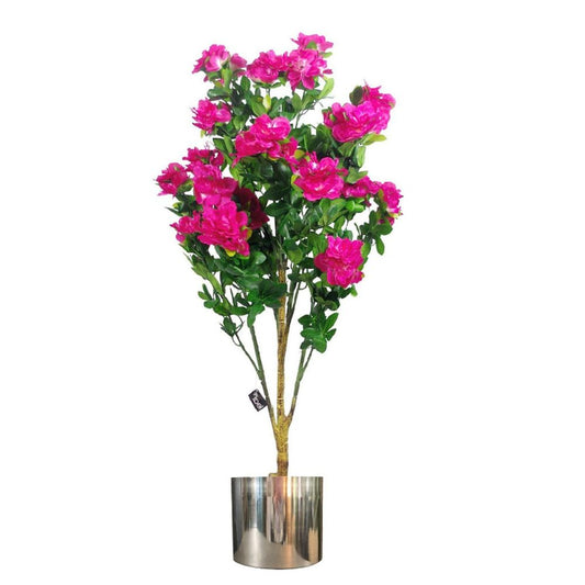 100cm Premium Artificial Azalea Pink Flowers in Silver Metal Planter