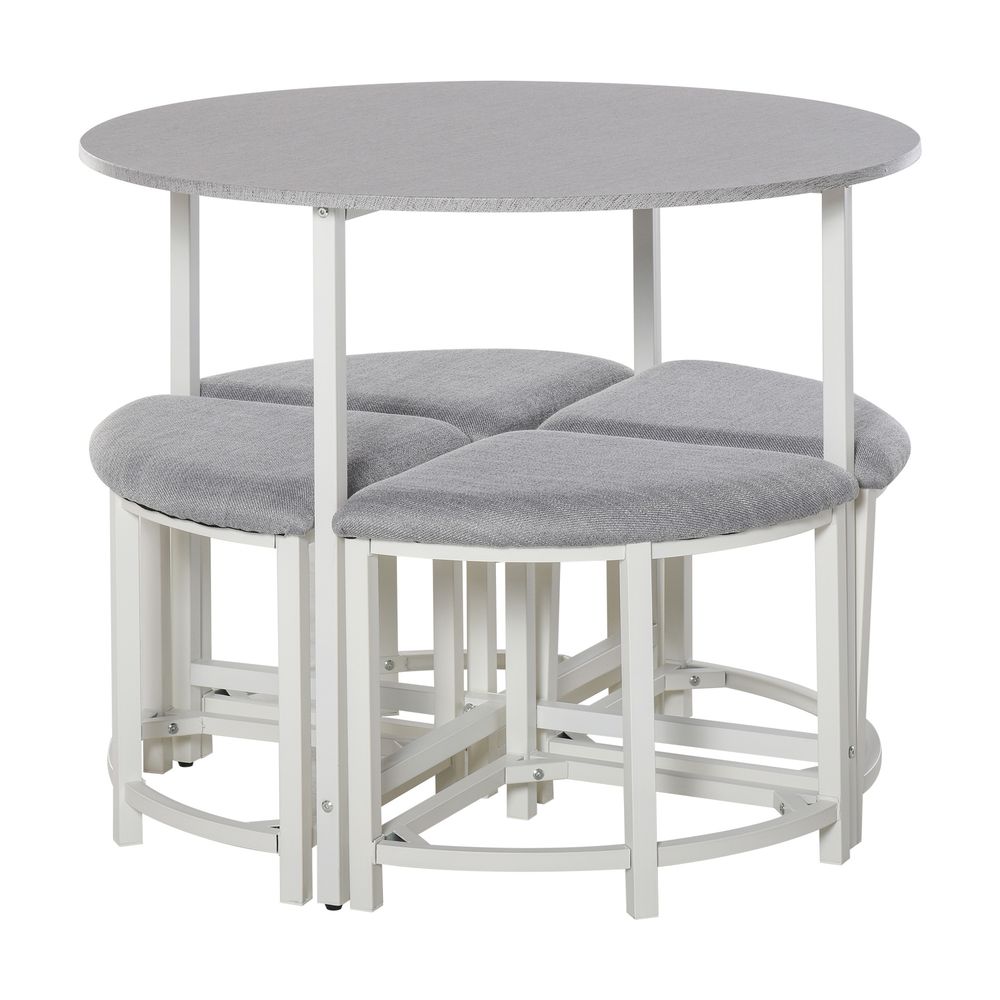 Modern Round Dining Table Set with 4 Upholstered Stools for Stylish Dining