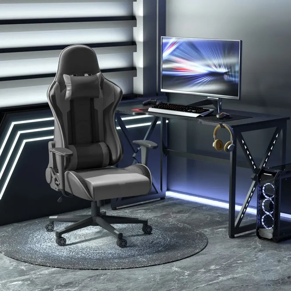 Black PU Leather Gaming Chair with Adjustable Head Pillow and Lumbar Support