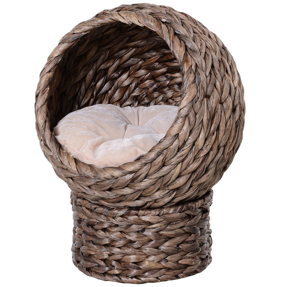 Brown Raised Wicker Cat House with Cylindrical Base, Dimensions 42x33x52cm