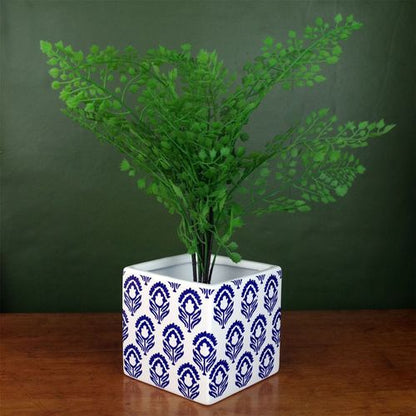 Ceramic Cube Planter Blue White Print Plant Pot